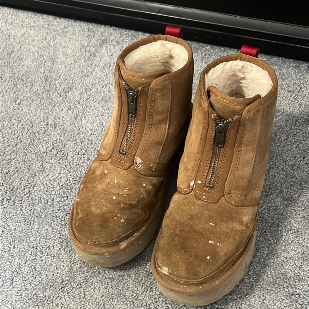 Tan Suede Ugg Platform Boots with Zipper